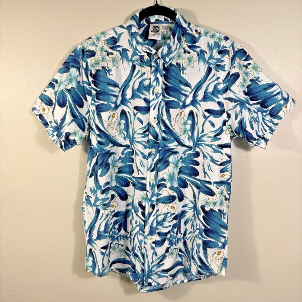 Kennington Ltd Mens Size L 100% Cotton Blue White Button Down Hawaiian Shirt EUC